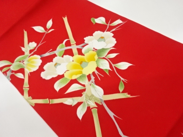 塩瀬金彩竹添え木に山茶花模様名古屋帯